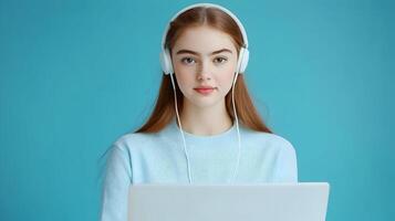 Portrait of a Concentrated Young Female Student Deeply Engaged in Academic Research and Studies,Using Laptop Computer and Wearing Headphones on a Vibrant Colored Background. photo