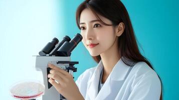 Portrait of a focused and determined female scientist wearing a lab coat,using a microscope to analyze a sample in a petri dish,as part of her work in biotechnology research and medicine development. photo