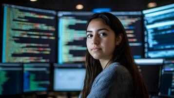 Portrait of a female programmer or developer holding a laptop computer in a monitoring room environment. photo