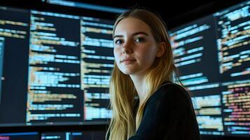 Portrait of a Female Programmer Holding a Laptop in a Monitoring Room Surrounded by Large Screens Displaying Lines of Programming Language Code photo