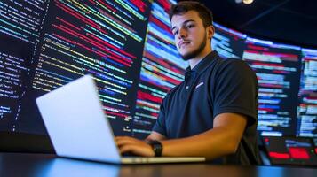 Programmer Analyzing Complex Code and Data on Multiple Screens in a High-Tech Monitoring Room,Surrounded by Displays Showing Lines of Programming Language photo
