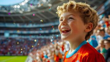Ecstatic Young Fan in Stadium Cheers Joyfully and Celebrates Triumphant Victory of His Soccer Team During Championship Match photo