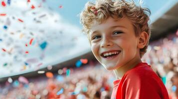 Portrait of a delighted young boy fan cheering and celebrating the victory of his favorite soccer team during an intense championship match at the packed stadium. photo