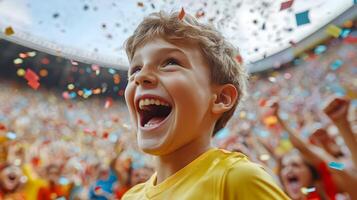 Elated Young Fan Cheers Excitedly with Arms Raised During Lively Soccer Championship Match in Stadium Filled with Enthusiastic Crowd and Confetti photo