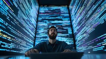 Portrait of a Male Programmer Working on a Laptop in a Futuristic Monitoring Room,Surrounded by Multiple Large Screens Displaying Lines of Complex Programming Language Code and Data Visualizations. photo