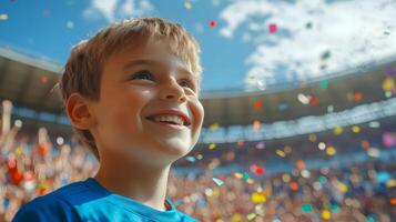 Exhilarated young boy fan enthusiastically cheering and celebrating his team's victory during a high-stakes soccer championship match in a packed stadium filled with a roaring crowd and colorful photo