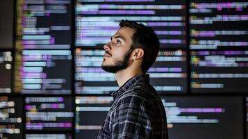 Portrait of a focused male programmer working diligently on his laptop in a monitoring room,surrounded by large screens displaying lines of programming language code. photo