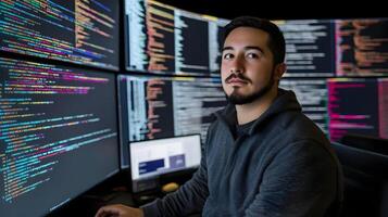 Portrait of a Focused Male Programmer Deeply Immersed in His Work,Surrounded by Multiple Screens Displaying Lines of Programming Code and Data Analytics. photo