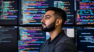 Portrait of a Concentrated Male Programmer Deeply Immersed in Coding,Surrounded by Multiple Monitors Displaying Lines of Programming Language Code in a Busy Workspace Environment photo