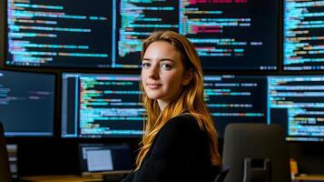 Portrait of a Focused and Determined Woman Programmer Sitting at a Tech Workstation,Surrounded by Multiple Monitors Displaying Lines of Programming Code and Data Analytics. photo