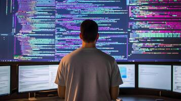 Portrait of a Focused Male Programmer Deeply Engaged in His Work,Surrounded by Multiple Screens Displaying Intricate Lines of Programming Language Code in a High-Tech Monitoring Room Environment photo