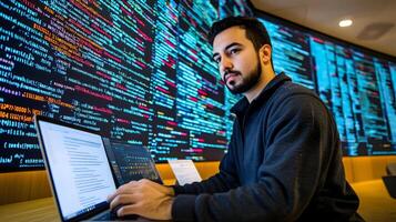 Portrait of a Male Programmer Intently Working on a Laptop in a Monitoring Room,Surrounded by Large Screens Displaying Lines of Programming Language Code and Data Analytics photo