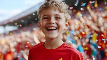 Excited young boy enthusiastically cheering and celebrating as his favorite soccer team scores a goal and wins the championship match. photo