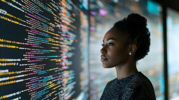 Futuristic Portrait of Female Programmer Surrounded by Screens Displaying Lines of Programming Language Code and Complex Data Visualizations in a High-Tech Workspace photo