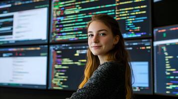 Portrait of a Female Programmer Analyzing Complex Programming Code Displayed on Multiple Screens in a Cutting-Edge Monitoring and Analytics Workspace photo