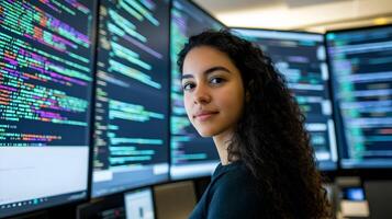 Portrait of a young female programmer or software engineer intently monitoring multiple large computer screens displaying lines of complex programming language code in a high-tech monitoring or data photo