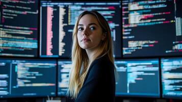 Portrait of a Serious and Focused Female Programmer Working Intently on a Laptop Surrounded by Multiple Screens Displaying Lines of Programming Code and Data Analytics in a Monitoring Room or IT photo