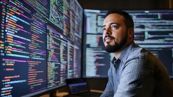 Portrait of a male programmer working intently on his laptop,surrounded by multiple large screens displaying lines of programming code and data analytics in a high-tech monitoring room. photo