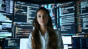 Portrait of focused female programmer holding laptop computer in a high-tech monitoring room surrounded by multiple large screens displaying lines of programming language code and data analytics. photo
