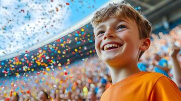Portrait of an ecstatic young fan cheering and celebrating as his favorite team scores a goal and wins the championship soccer match. photo