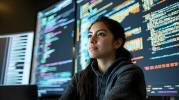 Portrait of a Professional Female Programmer Intently Focused on a Laptop,Surrounded by Multiple Screens Displaying Lines of Programming Language Code in a High-Tech Monitoring Room Setting photo