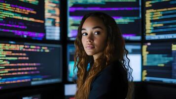 Portrait of a female programmer working in a monitoring room surrounded by multiple large screens displaying lines of programming code and technical data. photo
