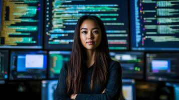 Portrait of a focused and determined female programmer working in a high-tech monitoring room,surrounded by large screens displaying intricate lines of programming code. photo
