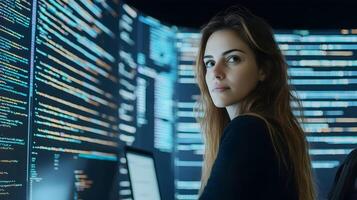Portrait of Young Female Programmer or Coder Holding Laptop in a Monitoring Room or Data Center,Surrounded by Multiple Large Screens Displaying Lines of Programming Language Code photo