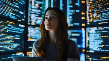 Portrait of a female programmer or software engineer working in a monitoring room,surrounded by multiple large screens displaying lines of programming language code. photo