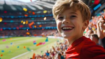 Cheerful Boy Enthusiastically Celebrates Victory of His Favorite Soccer Team During an Exciting Championship Match at a Packed Stadium,Surrounded by a Crowd of Cheering Fans and Confetti photo
