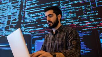 Male Professional Focused on Laptop While Surrounded by Multiple Screens Showing Lines of Programming Language Code in a Monitoring Room photo