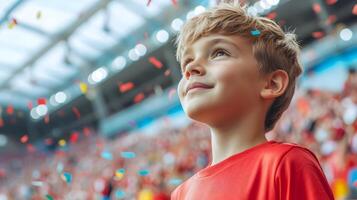 Portrait of an enthusiastic young fan cheering and celebrating his team's goal and victory during a lively soccer championship match in a packed stadium filled with an excited crowd. photo