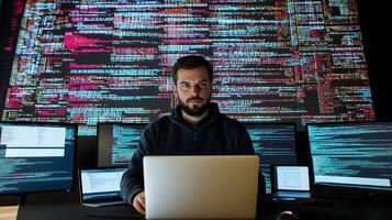 Portrait of a focused male programmer working intently on his laptop computer in a monitoring room filled with large screens displaying complex lines of programming code and software development photo