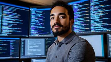 Portrait of a male programmer working intently on a laptop computer in a monitoring room surrounded by multiple large screens displaying lines of programming code and software analytics. photo