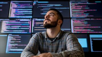Portrait of a focused male programmer working intently on his laptop computer in a high-tech monitoring room. photo