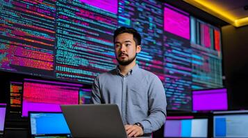 Portrait of a Male Programmer Working Diligently on a Laptop in a Monitoring Room,Surrounded by Towering Screens Displaying Complex Lines of Programming Language Code. photo