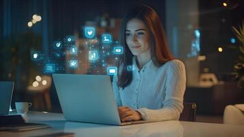 Stylish Caucasian Female Project Manager or Entrepreneur Works Diligently on Laptop Computer in a Modern Office Setting. photo