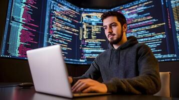 Portrait of a focused male programmer working intently on a laptop computer. photo