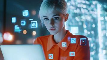 Portrait of a stylish Caucasian female project manager working diligently on her laptop in a modern office setting,surrounded by virtual social media icons and connectivity symbols. photo