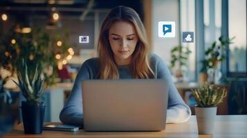 Focused Young Caucasian Woman Working Intently on Laptop Computer in Contemporary Office Setting with Virtual Social Media Icons and Connectivity photo