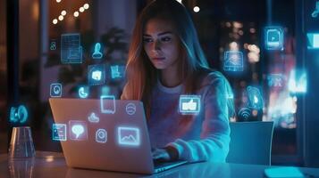 Stylish Caucasian Female Project Manager Works on Laptop in Modern Office with Virtual Social Media Icons and Connectivity Symbols photo