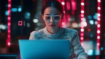 Portrait of a stylish and focused Caucasian female project manager working intently on her laptop in a vibrant,modern office setting. The image conveys a sense of productivity,professionalism. photo