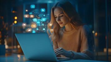 Portrait of a stylish Caucasian female project manager working diligently on her laptop in a modern office setting. Virtual social media icons and connectivity symbols surround her. photo