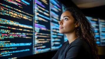 Portrait of a Female Programmer Intently Studying Lines of Programming Code Displayed on Multiple Screens in a Monitoring Room,Showcasing Her Technical Expertise and Dedication to Her Profession. photo