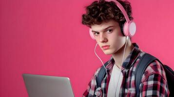 Portrait of a Focused and Determined Young Male Student Deeply Engaged in Academic Research,Using a Laptop and Wearing Headphones on a Vibrant Red Background. He Appears Intelligent,Hardworking. photo