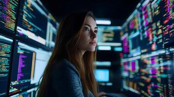 Portrait of a Female Programmer Holding a Laptop in a Monitoring Room Surrounded by Large Screens Displaying Lines of Programming Language Code,Symbolizing the Tech Industry,Software Development. photo