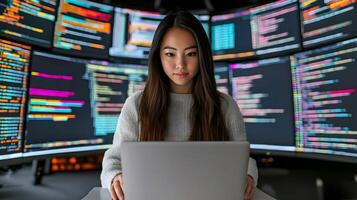 Portrait of a skilled female programmer deeply focused on analyzing various data visualizations and lines of code displayed across multiple large computer screens in a high-tech monitoring workspace. photo