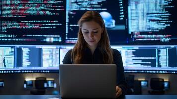 Portrait of Focused Female Tech Professional Working on Laptop in Monitoring Room Surrounded by Multiple Screens Displaying Programming Language Code and Data Analytics photo
