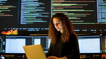 Portrait of a female programmer or software developer working intently on a laptop computer. photo