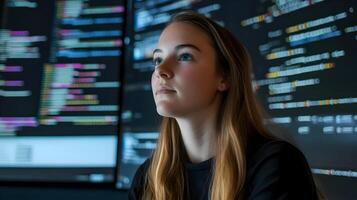 Portrait of a serious female programmer deeply focused on her laptop while surrounded by multiple large screens displaying complex programming code and data analytics in a high-tech monitoring room photo
